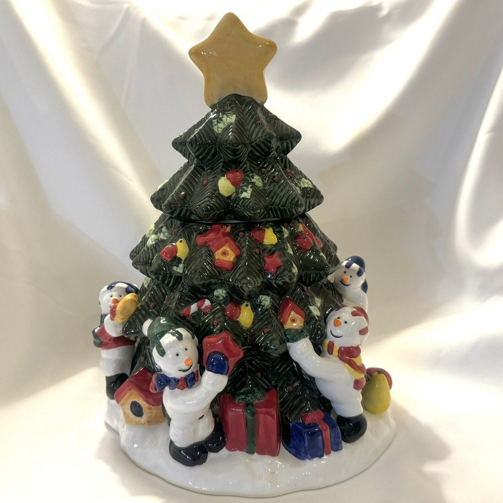 Vintage 13.5” Christmas tree Ceramic cookie jar w/snowmen presents birdhouses - Picture 6 of 16